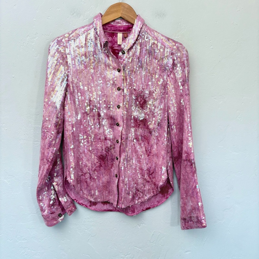 Pilcro Anthropologie Sequin Blouse Top Small Pink Button Down New No Tags